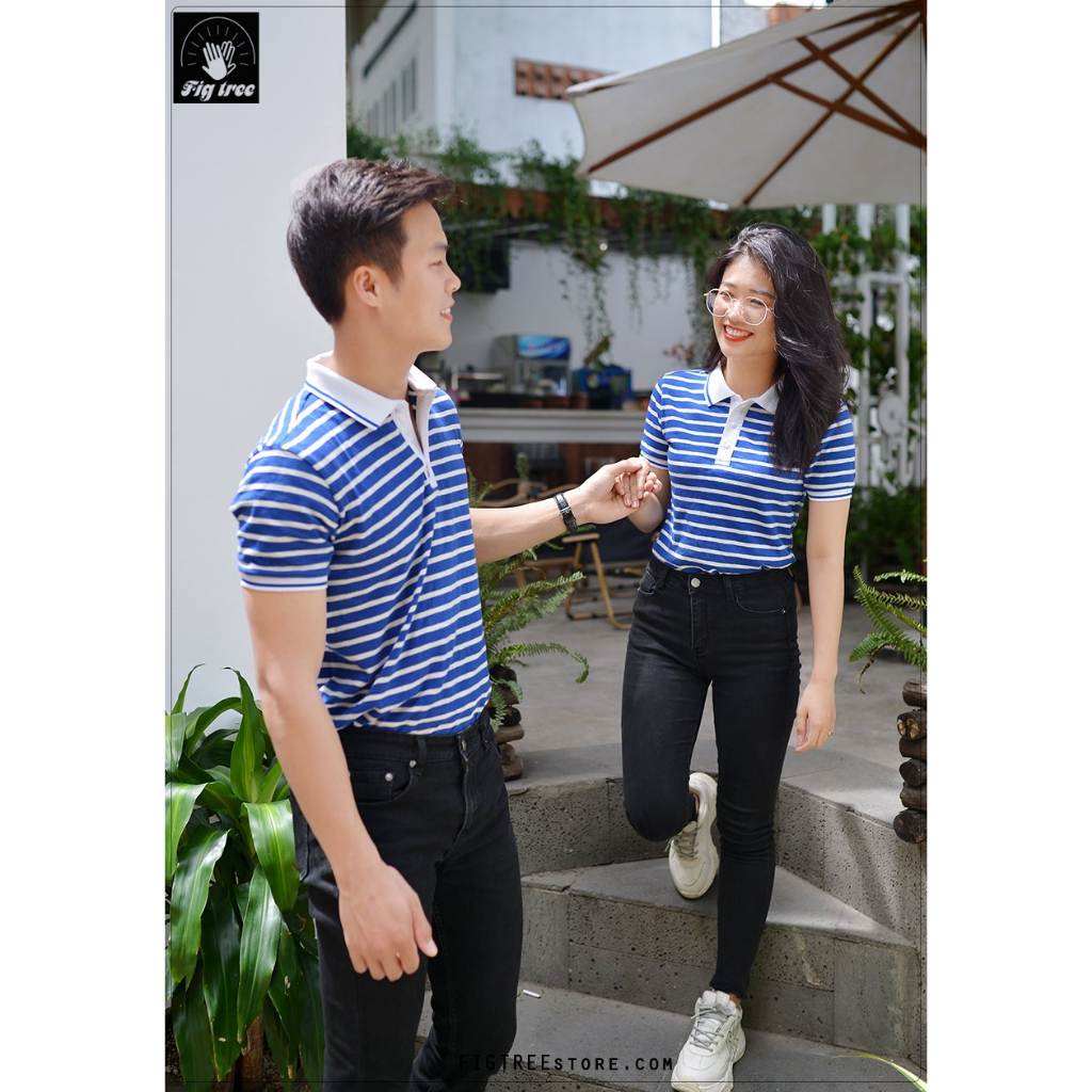Com Áo Đôi Thun Polo Fig Tree Sọc Xanh Bích Tươi Sáng( full size đến 110kg)