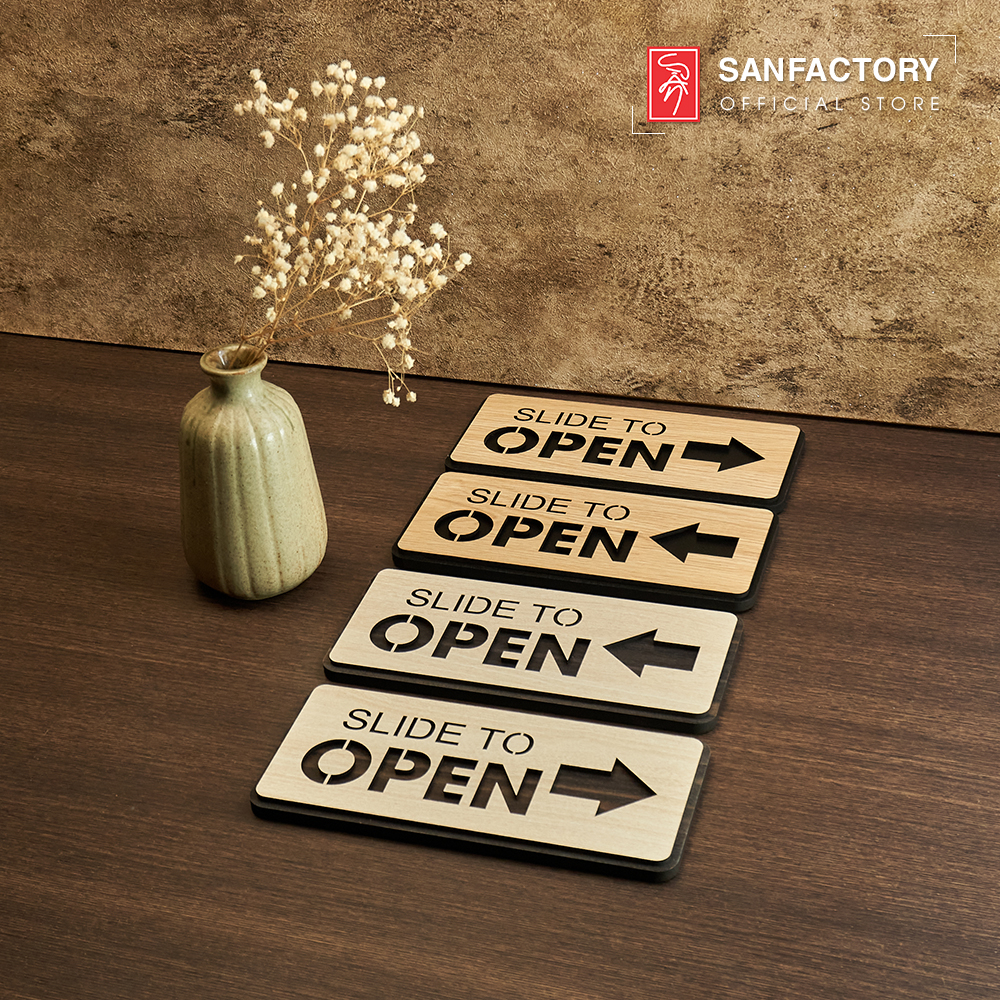Bảng slide to open chất liệu gỗ có sẵn băng dính, biển chỉ dẫn đóng mở cửa, chỉ hướng mở cửa