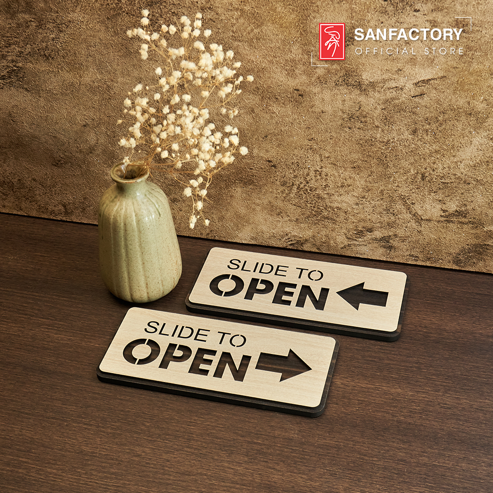 Bảng slide to open chất liệu gỗ có sẵn băng dính, biển chỉ dẫn đóng mở cửa, chỉ hướng mở cửa