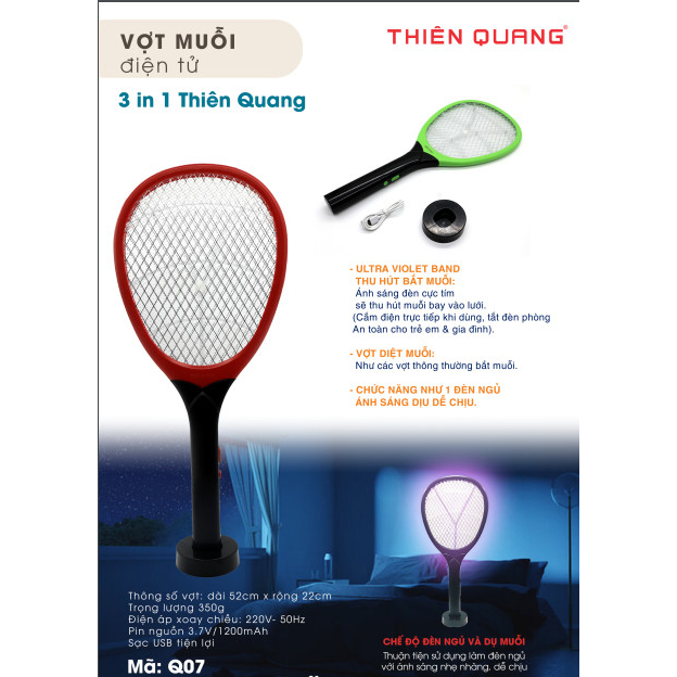 Vợt muỗi thông minh tích hợp đèn bắt muỗi tự động 3 in 1, vợt muỗi Thiên Quang , kèm đèn ngủ