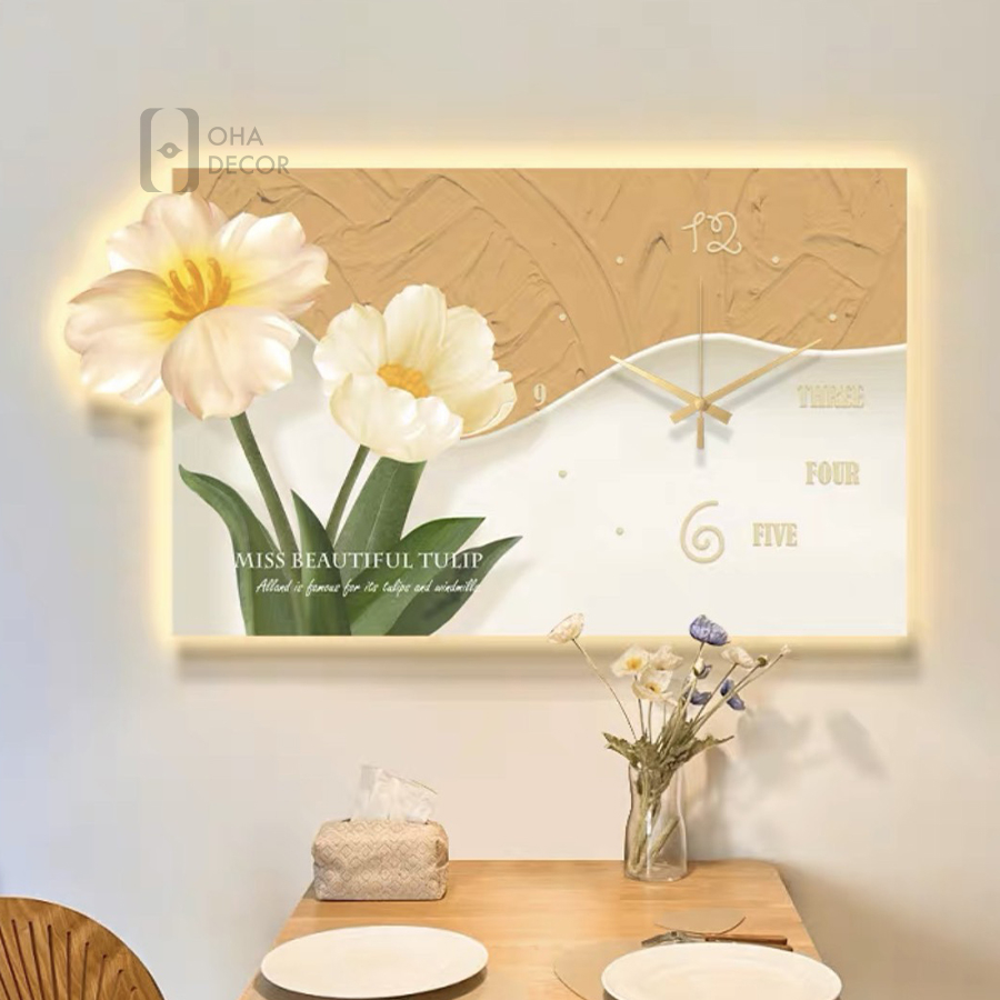 Tranh Đồng Hồ 3D LED Cắt Hoa Tráng Gương Trang Trí Phòng Khách, Phòng Ngủ OHA Decor