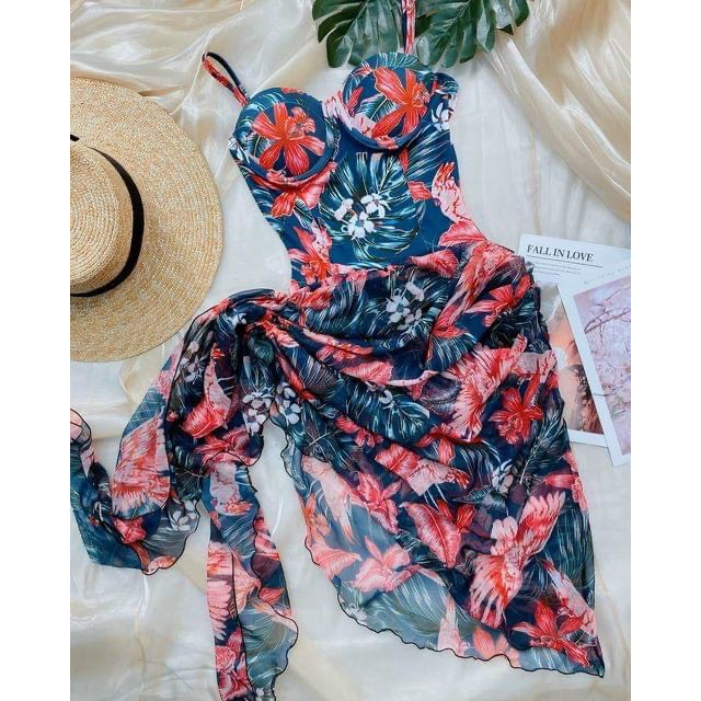 BIKINI,ĐỒ BƠI ĐI BIỂN LIỀN THÂN KÈM KHĂN,HOA DÂM BỤT SAANG CHẢNH, MẪU MỚI. HAN.T SHOP BKN40