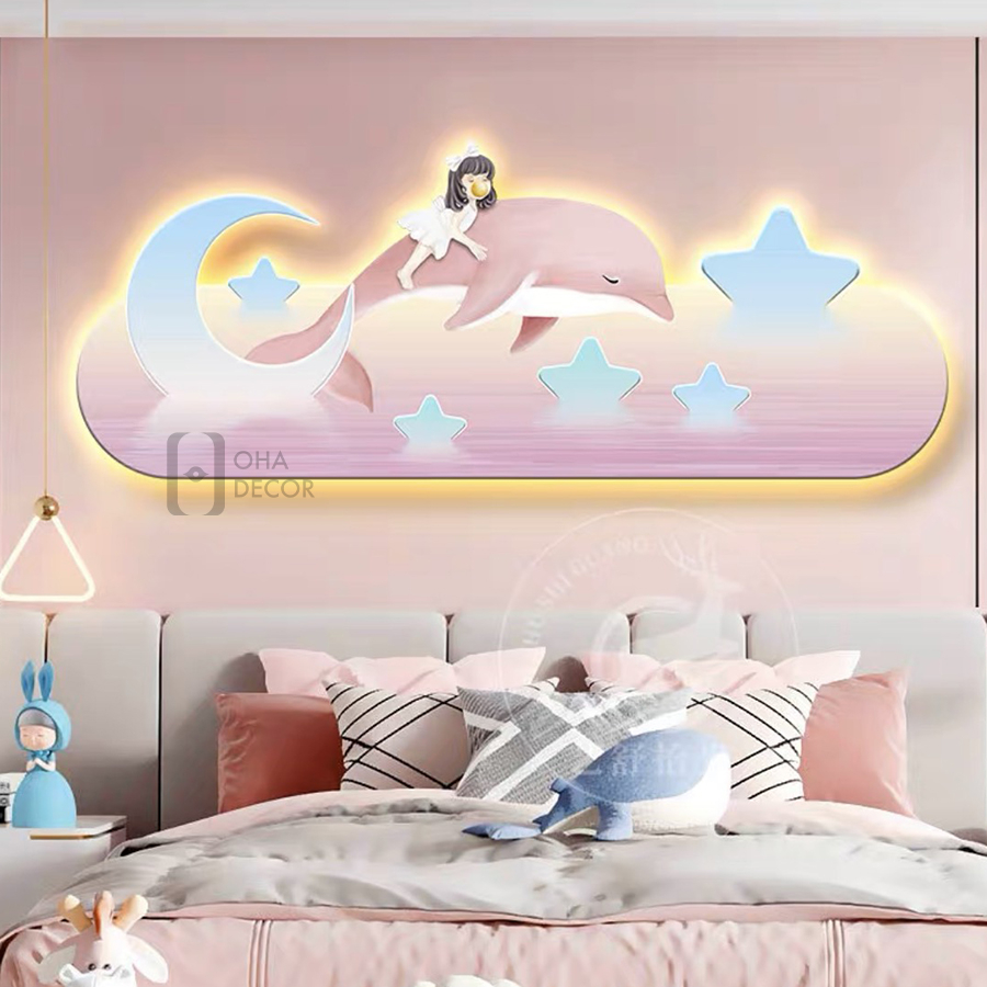 Tranh Đèn LED 3D Cô Bé và Cá Heo Trang Trí Phòng Khách, Quán Cà Phê OHA Decor