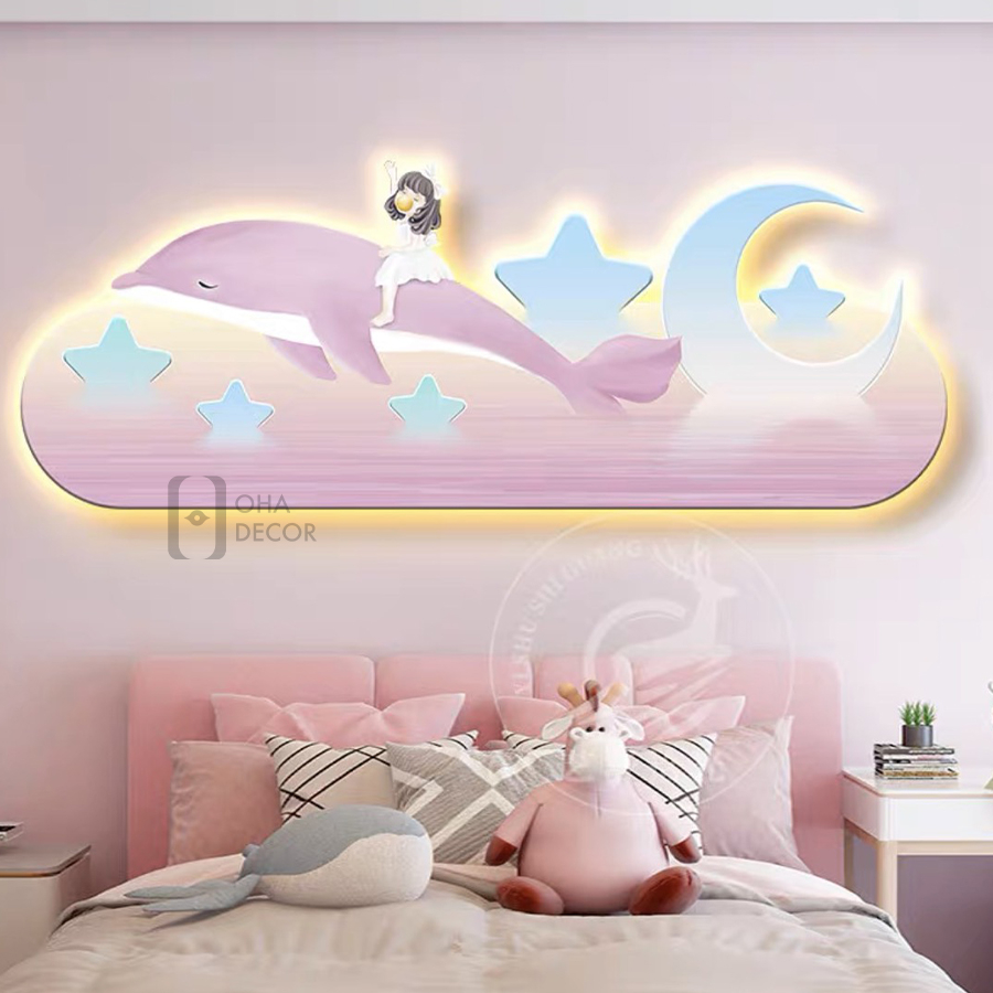 Tranh Đèn LED 3D Cô Bé và Cá Heo Trang Trí Phòng Khách, Quán Cà Phê OHA Decor