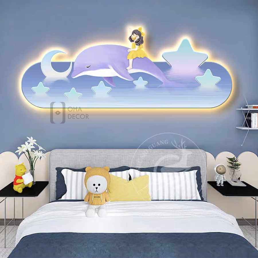 Tranh Đèn LED 3D Cô Bé và Cá Heo Trang Trí Phòng Khách, Quán Cà Phê OHA Decor