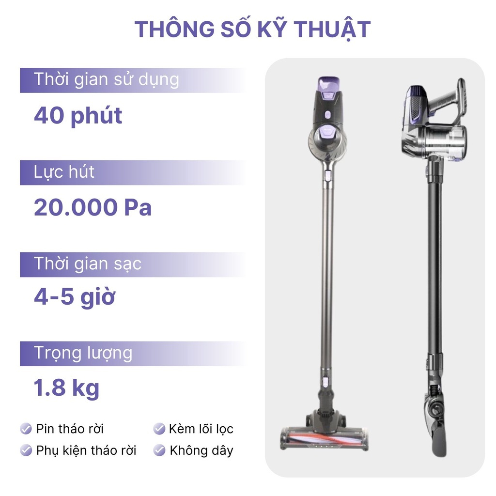 Máy Hút Bụi Không Dây Mocato Yuka A8 – Công Suất Hút 200AW | Pin 40 Phút | Lọc 5 Cấp | Đa Năng