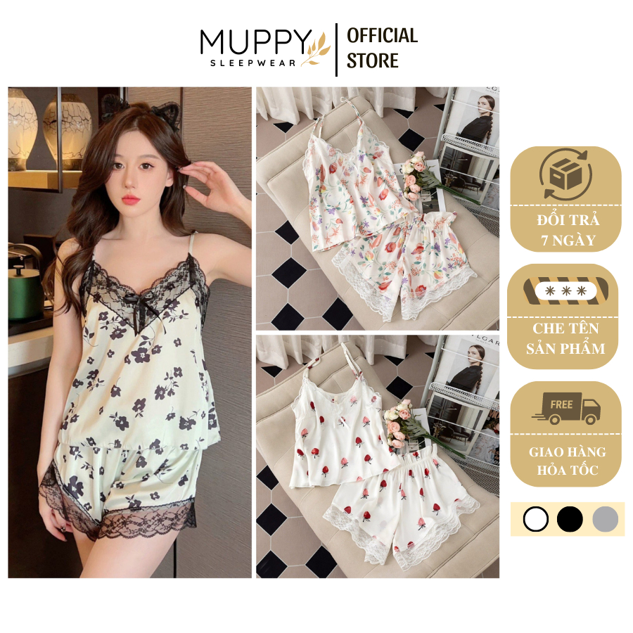 B06 Set Đồ Ngủ Lụa Hoa MUPPY 2 Dây Phối Ren Mặc Nhà Chất Lụa Mát Cho ...