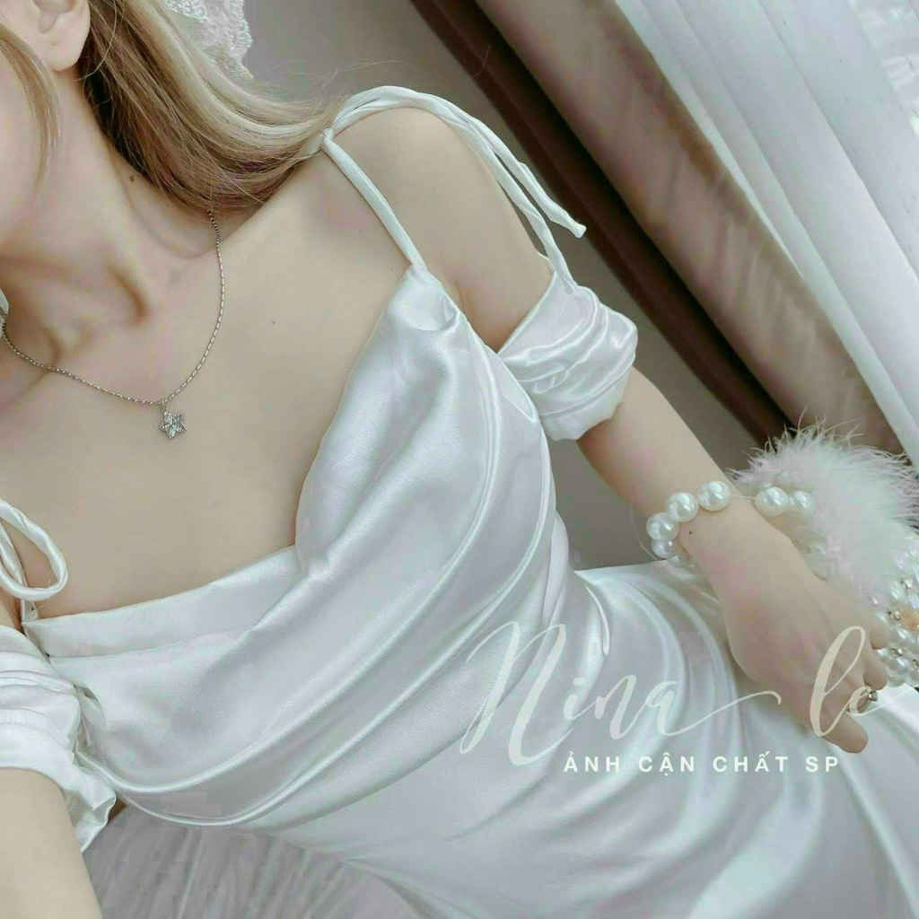 Váy đầm nữ dự tiệc sang chảnh, đầm lụa maxi 2 dây cổ đỗ nhún ngực trễ vai dây tay búp dáng dài sexy, quyến rũ dx