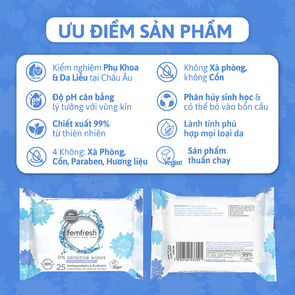 Ảnh Khăn ướt vệ sinh vùng kín cao cấp cho da nhạy cảm Femfresh Intimate Skin Care 0% Sensitive Wipes (màu xám) - 25 Tờ/gói 4