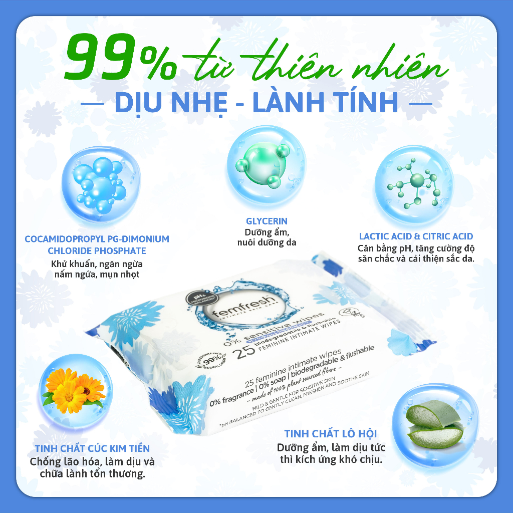 Ảnh Khăn ướt vệ sinh vùng kín cao cấp cho da nhạy cảm Femfresh Intimate Skin Care 0% Sensitive Wipes (màu xám) - 25 Tờ/gói 2