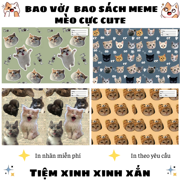 Bìa bao vở A5-B5, bao sách meme mèo xinh cute, mẫu đa dạng, in nhãn ...