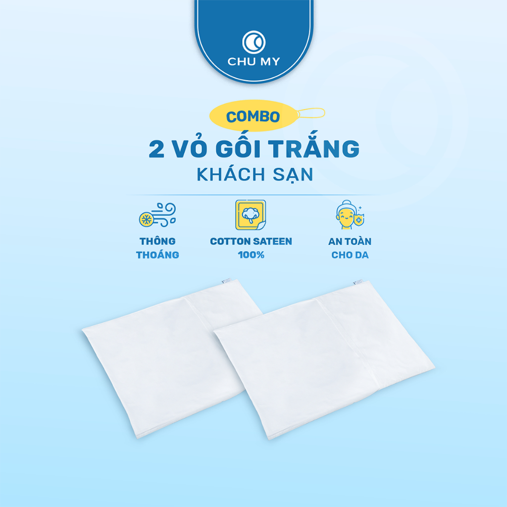 Combo 2 vỏ gối khách sạn CHU MY màu trắng, chất liệu 100% cotton, mật độ T400 chuẩn 5 sao, kích thước 50x70cm, 60x80cm