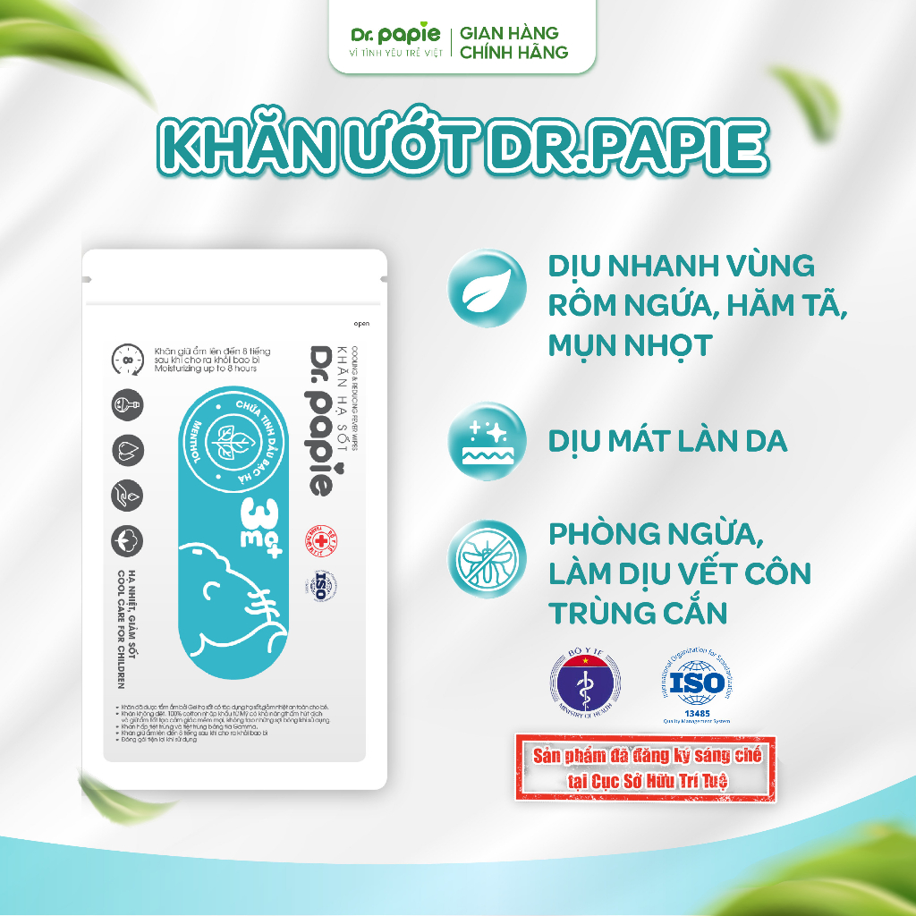 1 Gói Khăn hạ sốt Dr.Papie hạ sốt vật lý chuẩn Nhi khoa ngăn ngừa co giật khi ốm sốt cho bé (5 khăn)