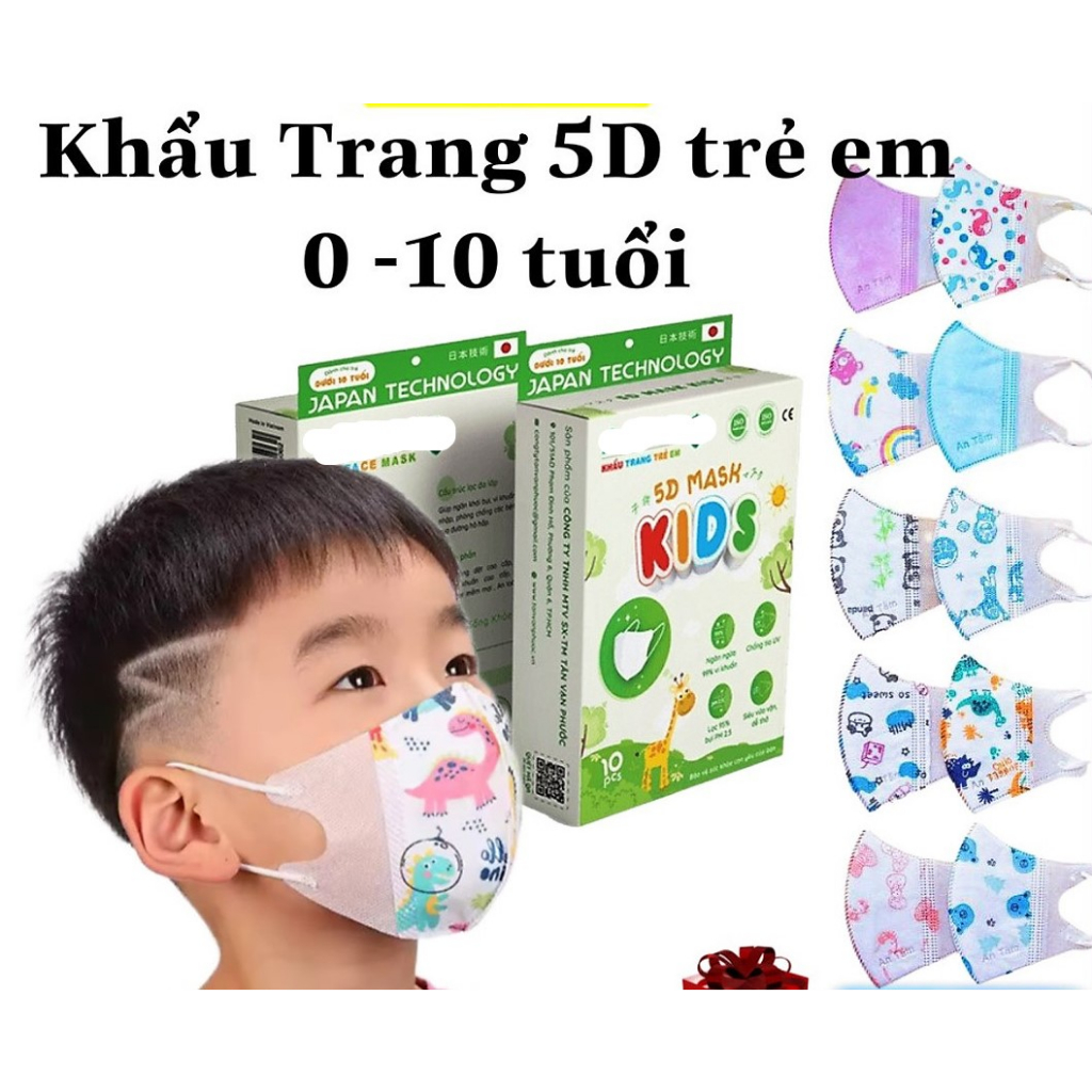 Set 100 Chiếc khẩu trang y tế 5D Mask trẻ em có size cho bé 0 - 10 tuổi