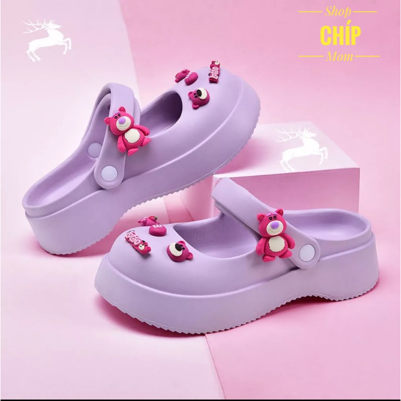 sandal bé gái sục đế xuồng cho bé gấu dâu 3 phân có quai QC mẹ bé đen trăng hông tím  đi mưa êm chân 2040 ( ảnh thật )