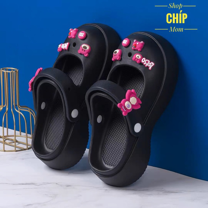 sandal bé gái sục đế xuồng cho bé gấu dâu 3 phân có quai QC mẹ bé đen trăng hông tím  đi mưa êm chân 2040 ( ảnh thật )