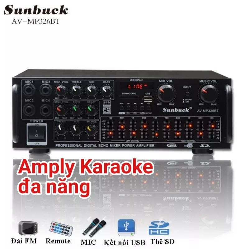 Amply karaoke đa năng Sunbuck 326BT Ampli Bluetooth 5.0 điện 12V 220V