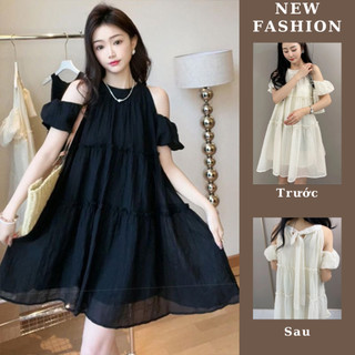 Váy - Đầm Trễ Vai Free Size BaBy Doll Cổ Yếm Hở Vai Nữ Tính Nhẹ Nhàng Váy Chất Tơ BaByDoll Khoét Vai Cổ Yếm Bèo Tầng