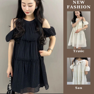 Đầm BaByDoll Freesize Khoét Vai Cổ Yếm Bèo Tầng Chất Tơ Đáng Yêu Dáng Xòe - Đầm Trễ Vai Siêu Xinh Babydoll thời thượng