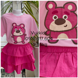 ❌❌XẢ LẺ SIZE❌❌ Set chân váy 3 tầng kèm áo gấu dâu Lotso cotton lạnh 4C siêu xinh cho bé đi chơi, đi tiệc, đi học Sofia