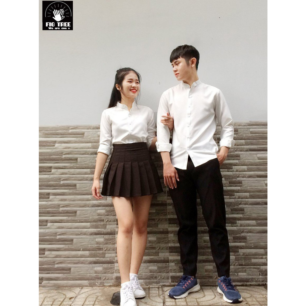 Áo Sơ Mi Cặp Fig Tree Màu Trắng Cổ Trụ, Hàng thiết kế, đồ đôi chất cotton ford dày dặn, size đến 110