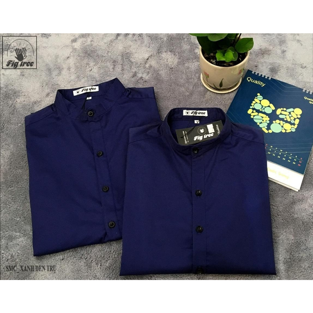Áo Sơ Mi Cặp Nam Nữ Fig Tree Cổ Trụ Xanh Đen