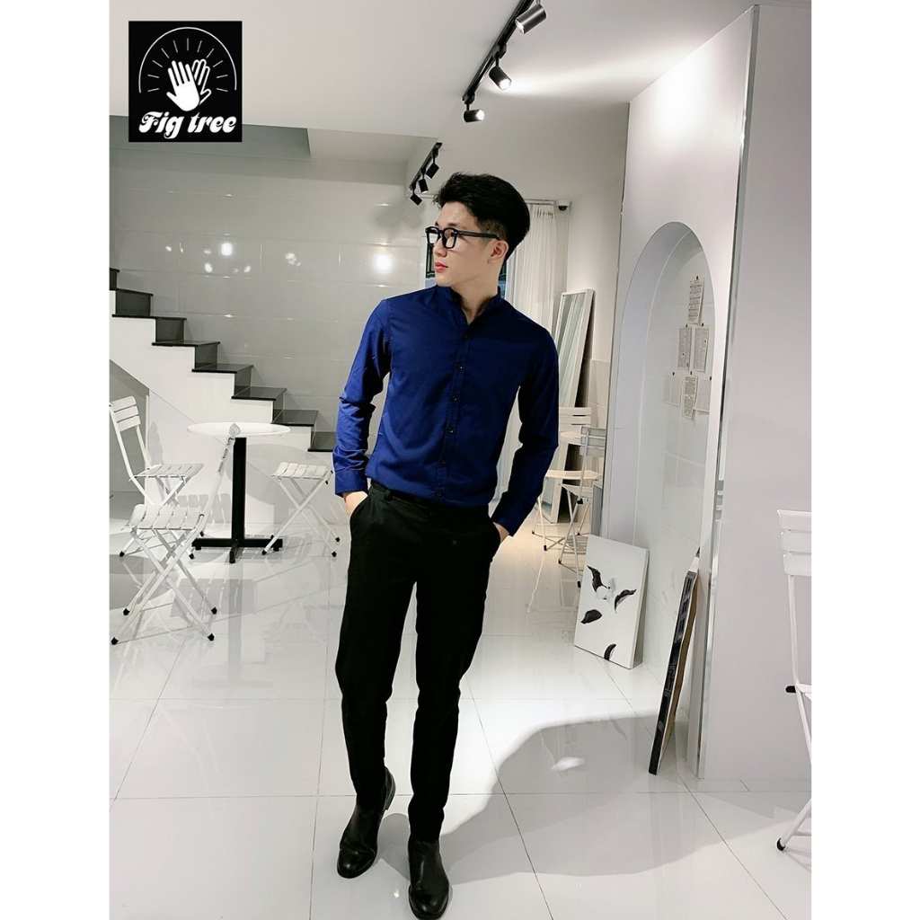 Áo Sơ Mi Cặp Nam Nữ Fig Tree Cổ Trụ Xanh Đen