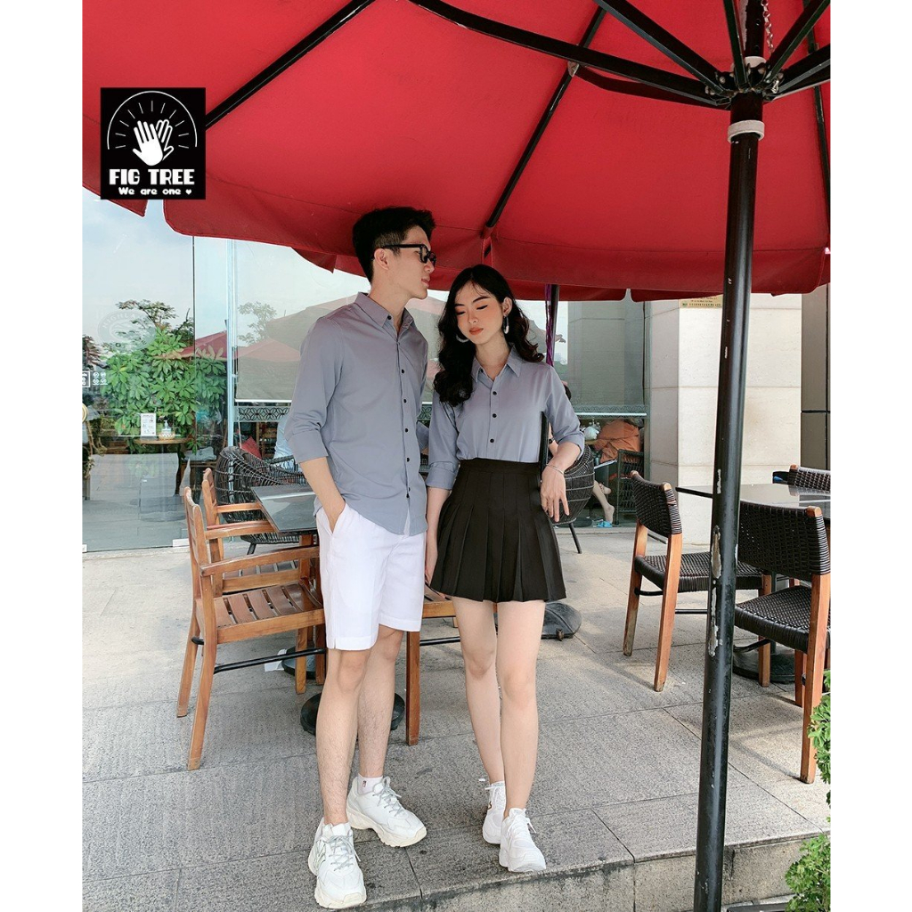 Áo Sơ Mi Cặp Nam Nữ, Đồng Phục Sơ Mi Fig Tree Màu Xám Ghi Cổ Bẻ, Chất Cotton Trơn, Size 40-110kg