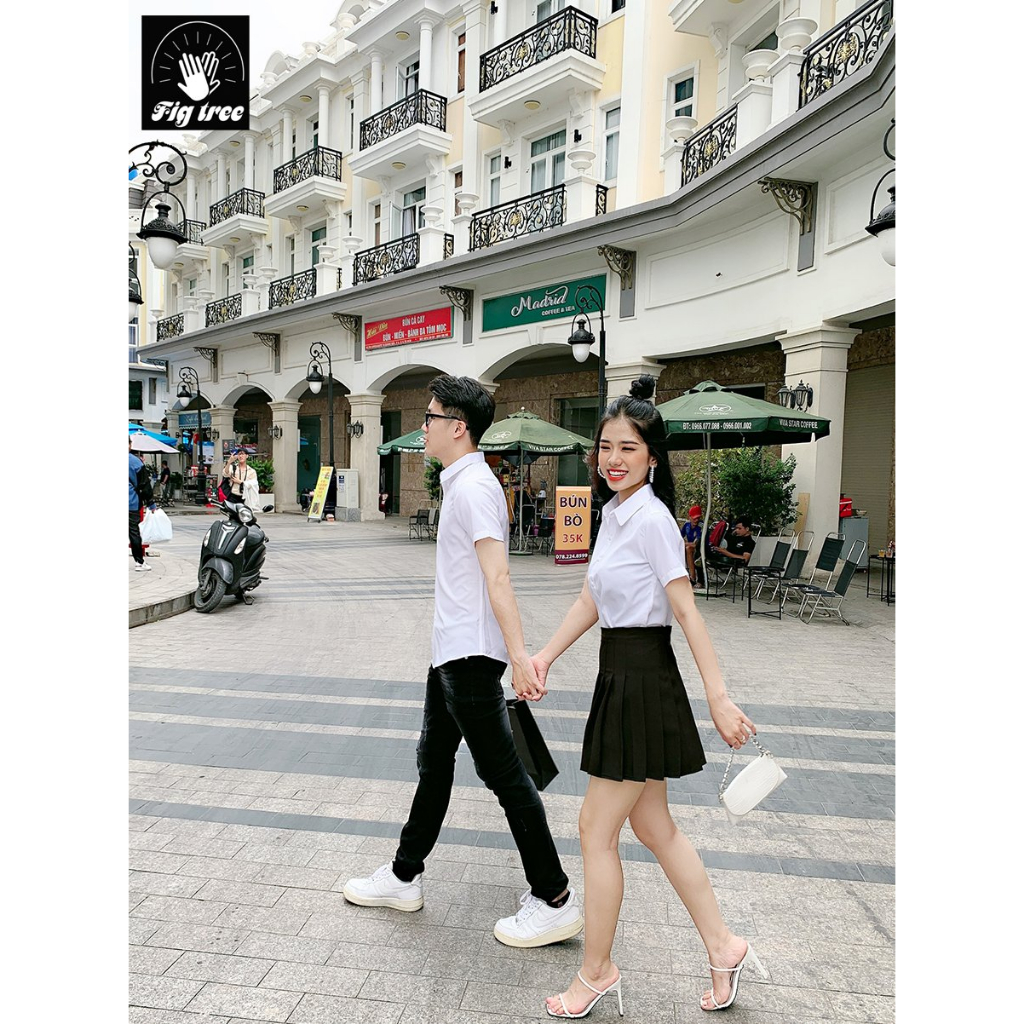 Áo Sơ Mi Đôi Nam Nữ, Đồng Phục Sơ Mi Fig Tree Ngắn Tay Màu Trắng Tinh Khôi, Có size đến 90kg