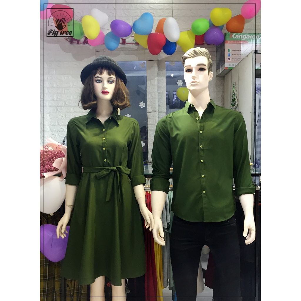 Set Sơ Mi Váy Đôi Fig Tree Màu Xanh Olive Kèm Feedback Siêu Xịn