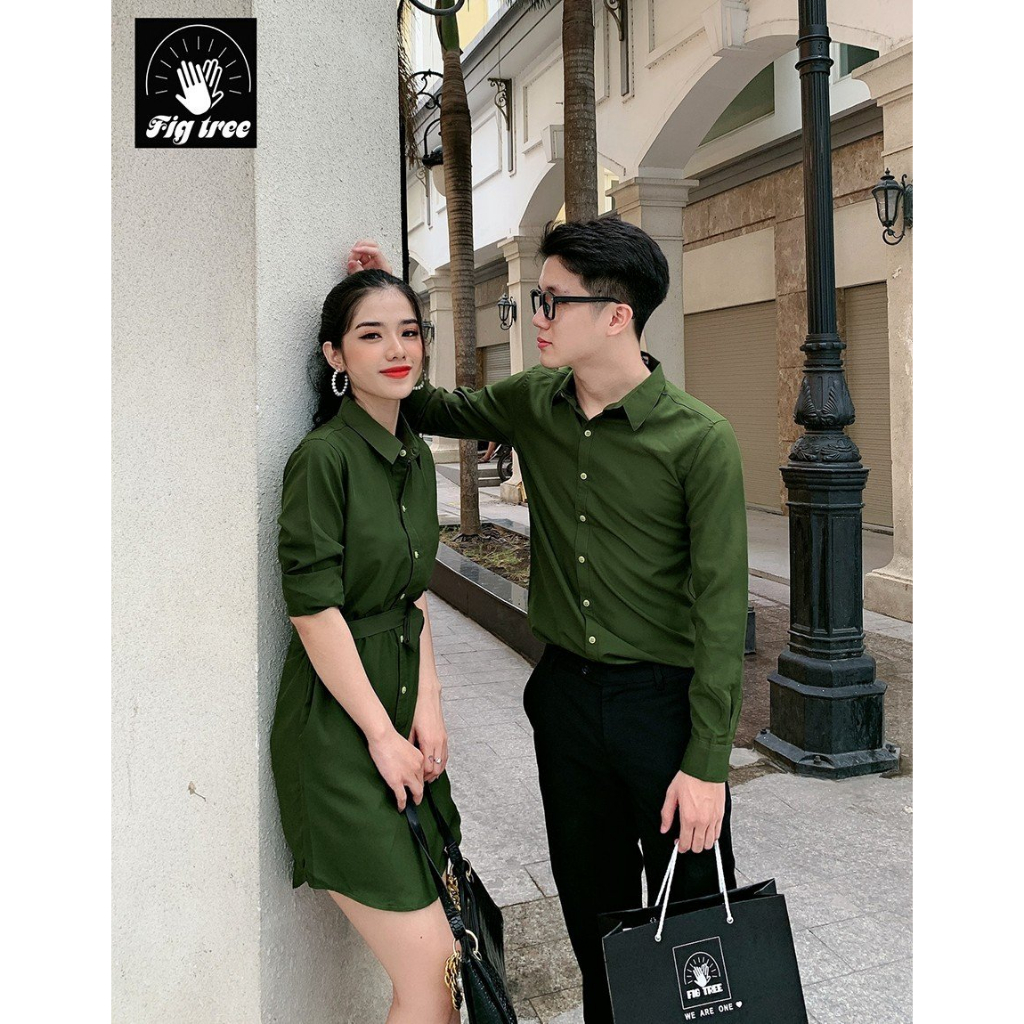 Set Sơ Mi Váy Đôi Fig Tree Màu Xanh Olive Siêu Cute