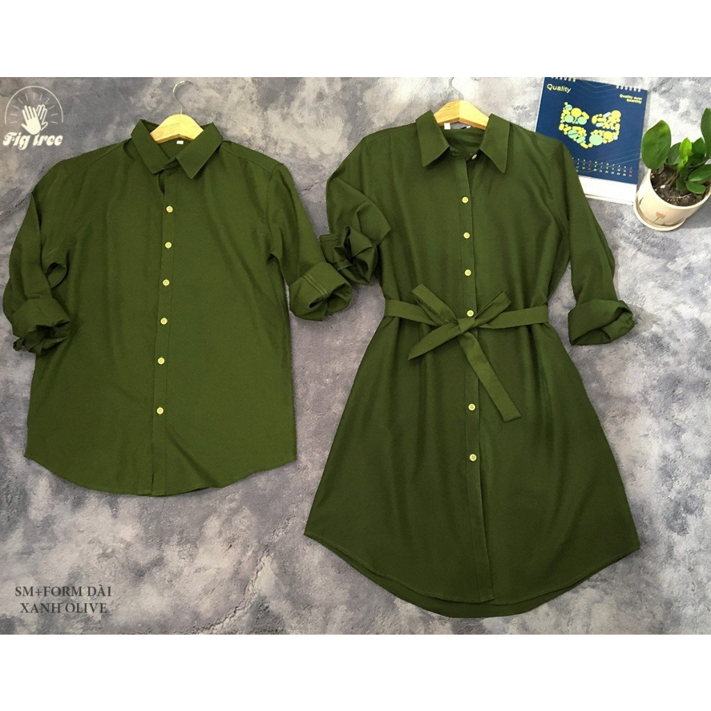Set Sơ Mi Váy Đôi Fig Tree Màu Xanh Olive Siêu Cute