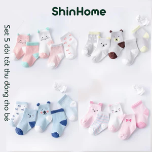 Set 5 tất vớ cao cổ hình MÈO dày dặn cho bé trai bé gái sơ sinh 0-4 tuổi mùa đông ShinHome