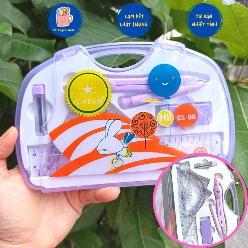 Bộ compa 7 chi tiết thước kẻ thẳng, ngòi chì, gôm, thước đo độ, eke cho ...