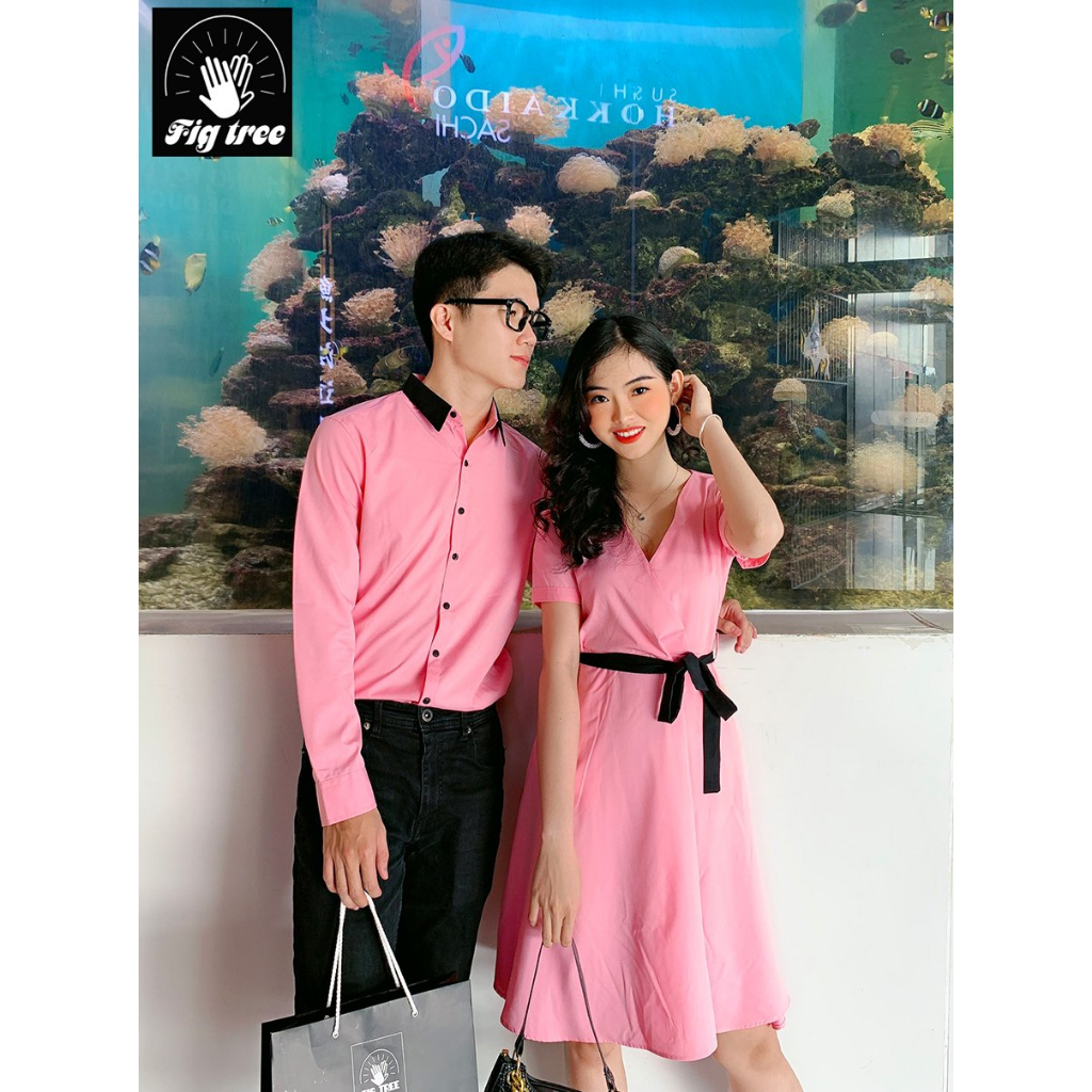 Set Sơ Mi Váy Fig Tree Màu Hồng Phối Cổ Đen Siêu Ngọt Ngào Cho Couple Chụp Hình Cưới, Đi Tiệc