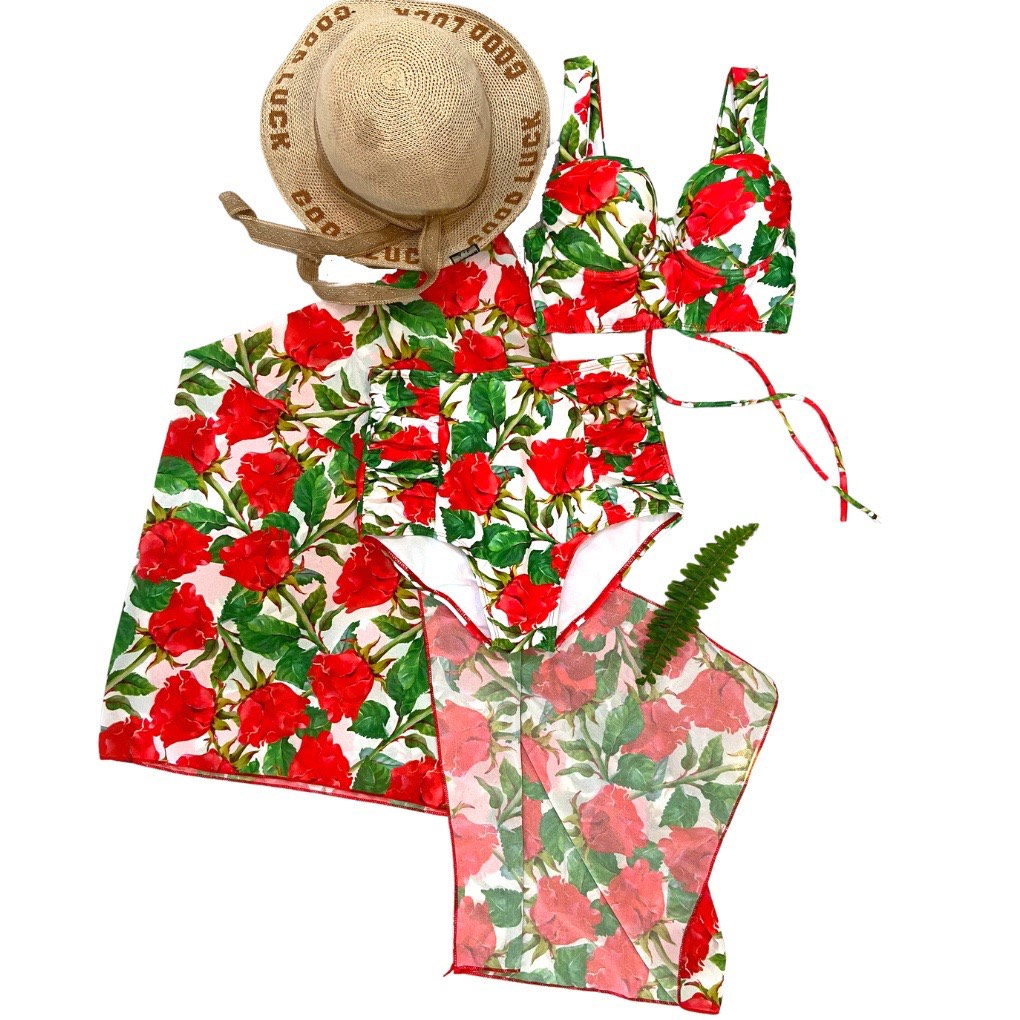 BIKINI.ĐỒ BƠI ĐI BIỂN,BA MẢNH IN HOA MỚI SANG CHẢNH ,HOA ĐỎ, HAN.T SHOP BKN44