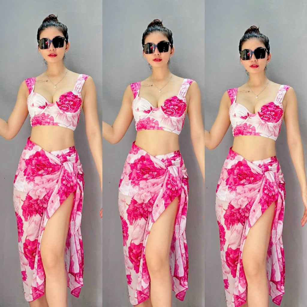 BIKINI.ĐỒ BƠI ĐI BIỂN,BA MẢNH IN HOA MỚI SANG CHẢNH ,HOA HỒNG NỀN TRẮNG, HAN.T SHOP BKN45