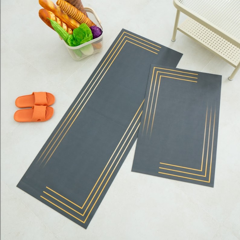 Set 2 Thảm Bếp Da Cao Cấp Thấm Hút Chống Trơn Trượt Tốt Họa Tiết Tối Giản Sang Trọng