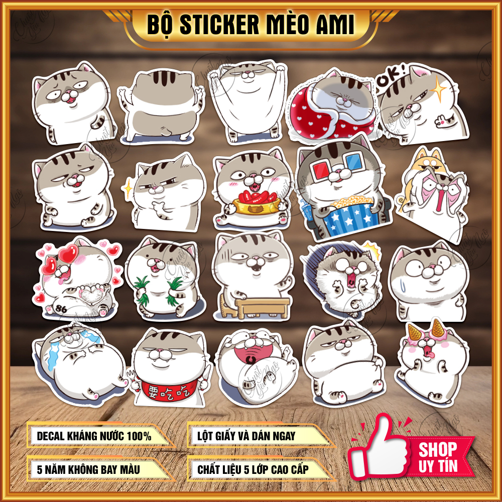 Combo 100 sticker AMI bụng bự decal hình dán dễ thương, dán mũ bảo hiểm ...