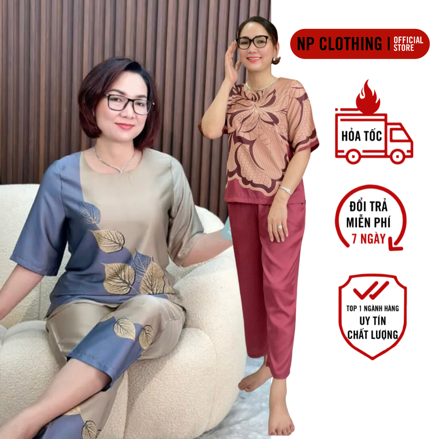Bộ Trung Niên Nữ Mặc Nhà, Set Lụa Tay Ngắn Quần 9 Tấc Cho Mẹ Họa Tiết ...