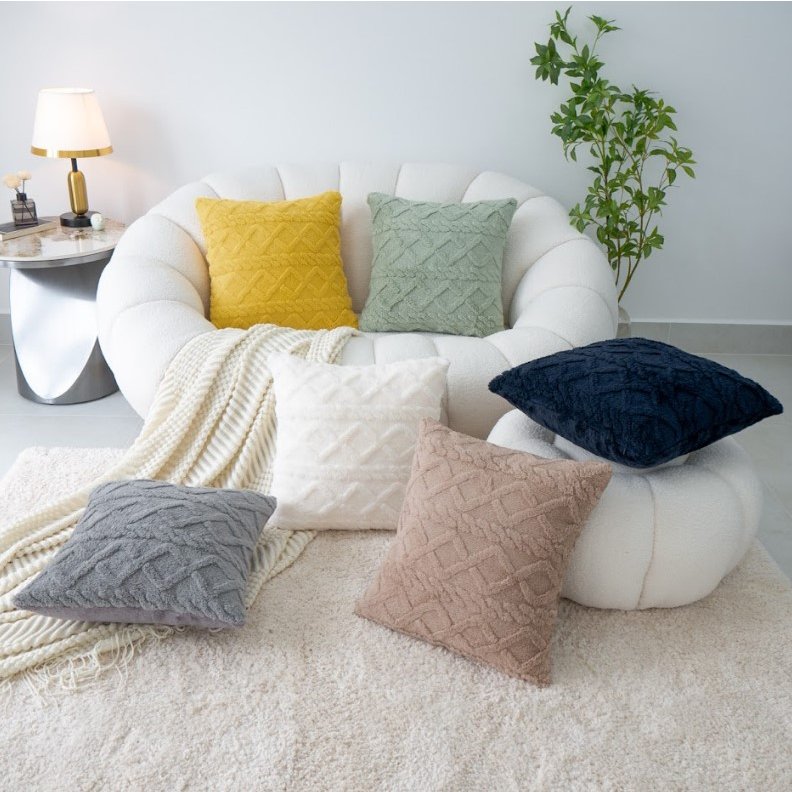 Vỏ Gối Tựa Lưng Sofa Trơn Màu Dập Lông Nổi Hình Học Cao cấp