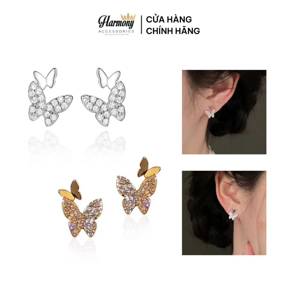 Khuyên tai nữ bạc hồ điệp hình bướm đính đá nhỏ nhắn, đáng yêu, điệu đà | HARMONY ACCESSORIES K34