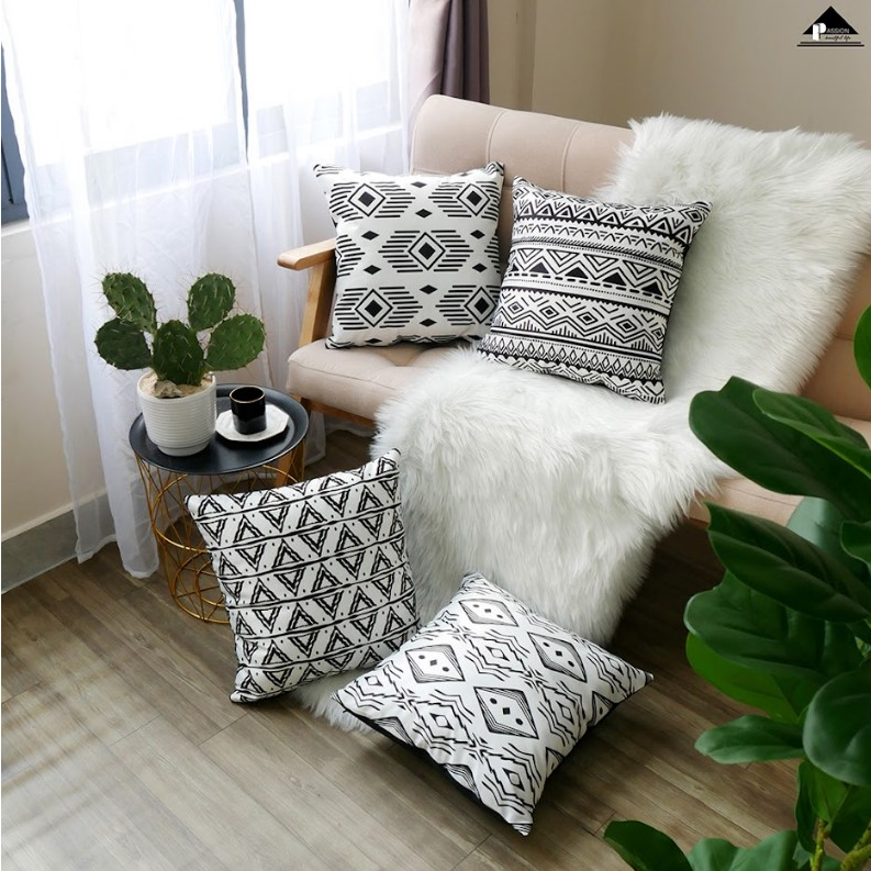 Vỏ Gối Tựa Lưng Sofa Họa Tiết Trắng Đen Phong Cách Bắc Âu Sang Trọng
