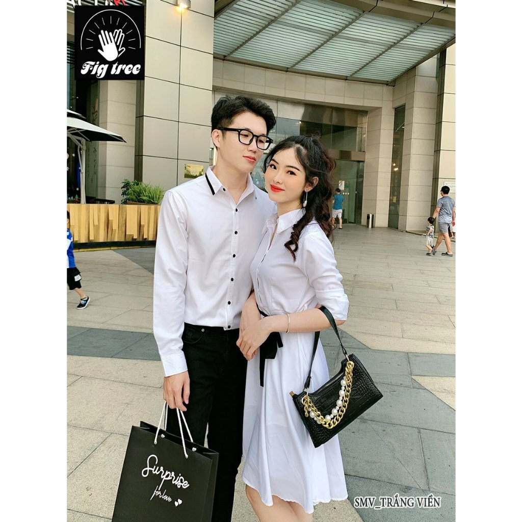 Đồ Đôi Áo Sơ Mi Nam Váy Nữ Fig Tree Màu Trắng Phối Viền Cổ Đen Siêu Sang Cho Couple