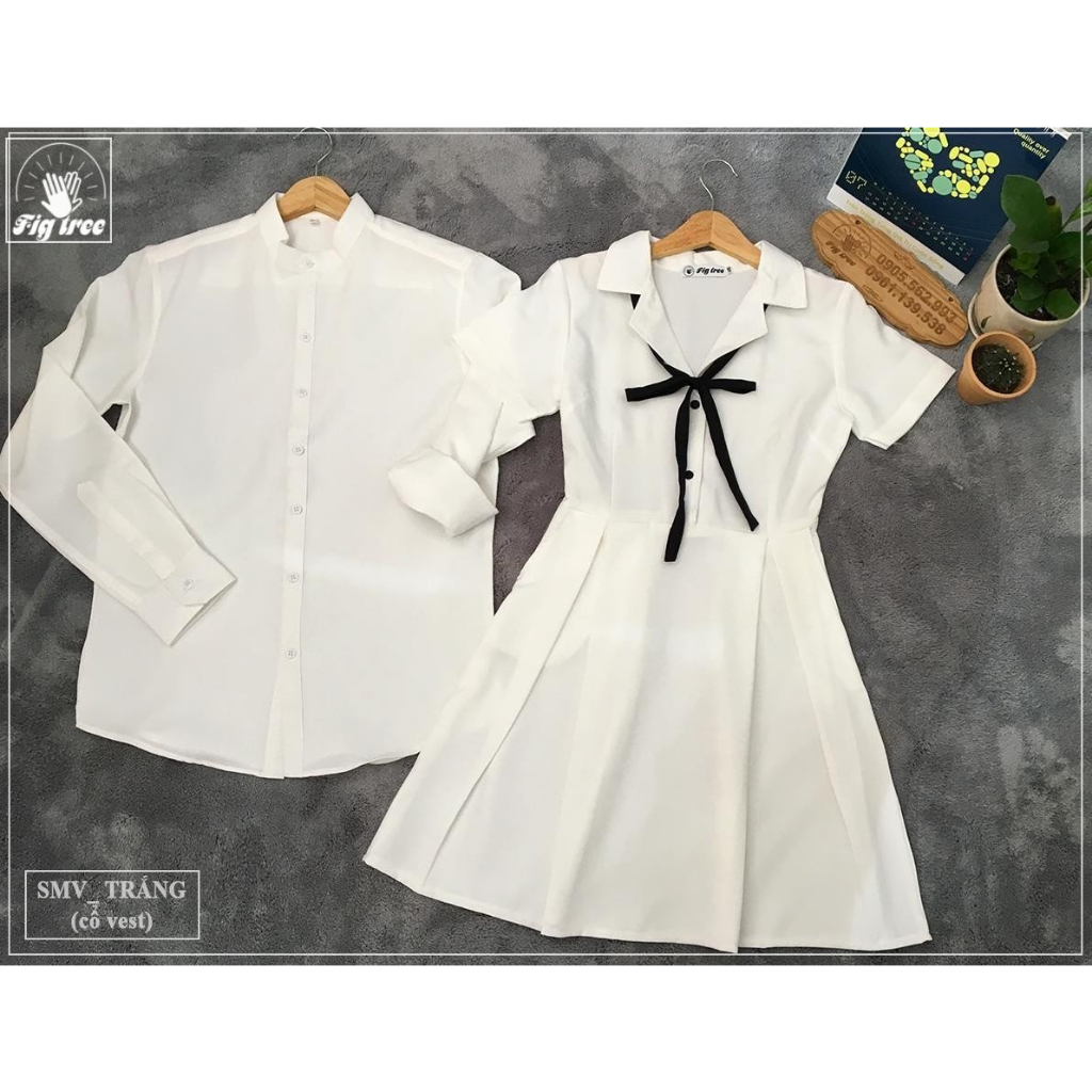 Set Sơ Mi Váy Đôi Fig Tree Màu Trắng Cổ Trụ Model ( Hàng thiết kế có bigsize đến 110kg)