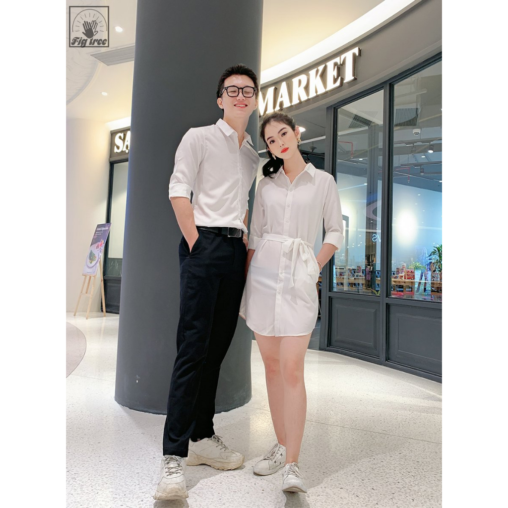 Áo Sơ Mi Váy Đôi Fig Tree Màu Trắng Tinh Khôi cho Couple ( có bigsize đến 1100kg)