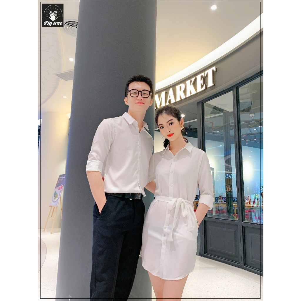 Áo Sơ Mi Váy Đôi Fig Tree Màu Trắng Tinh Khôi cho Couple ( có bigsize đến 1100kg)