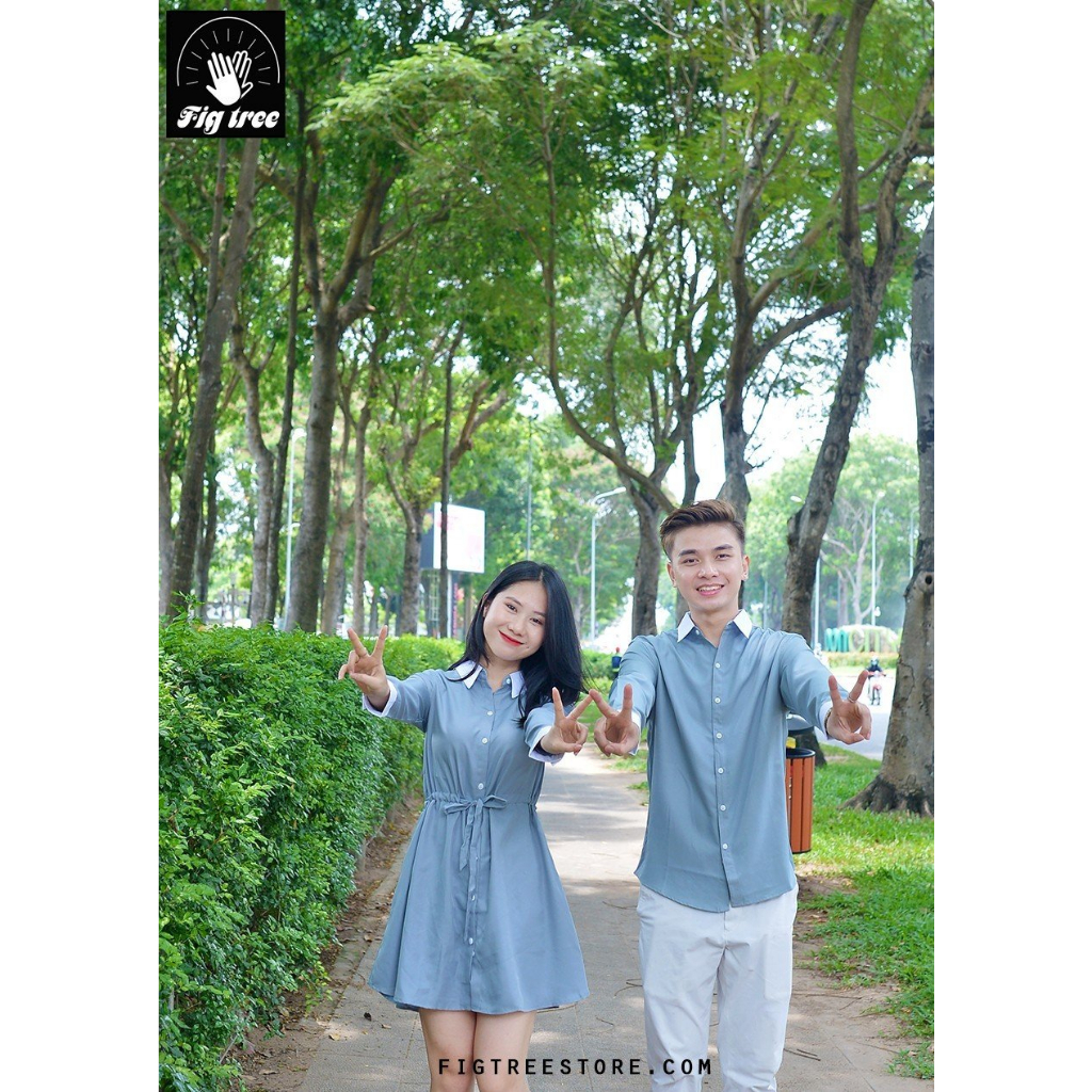 Set Sơ Mi Váy Đôi Fig Tree Màu Xám Phối Cổ Trắng Siêu Xinh