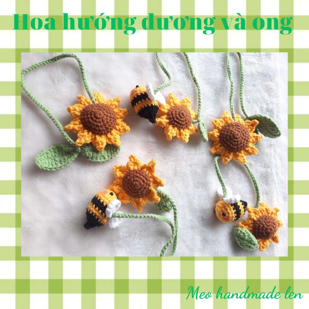 Dây treo túi, đánh dấu trang sách hoa hướng dương và ong - Handmade len - Crochet - Amigurumi