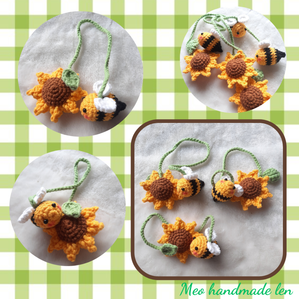 Dây treo túi, đánh dấu trang sách hoa hướng dương và ong - Handmade len - Crochet - Amigurumi